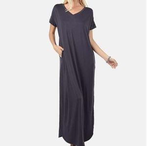 Dark Gray Maxi V Neck Side Slit Dress